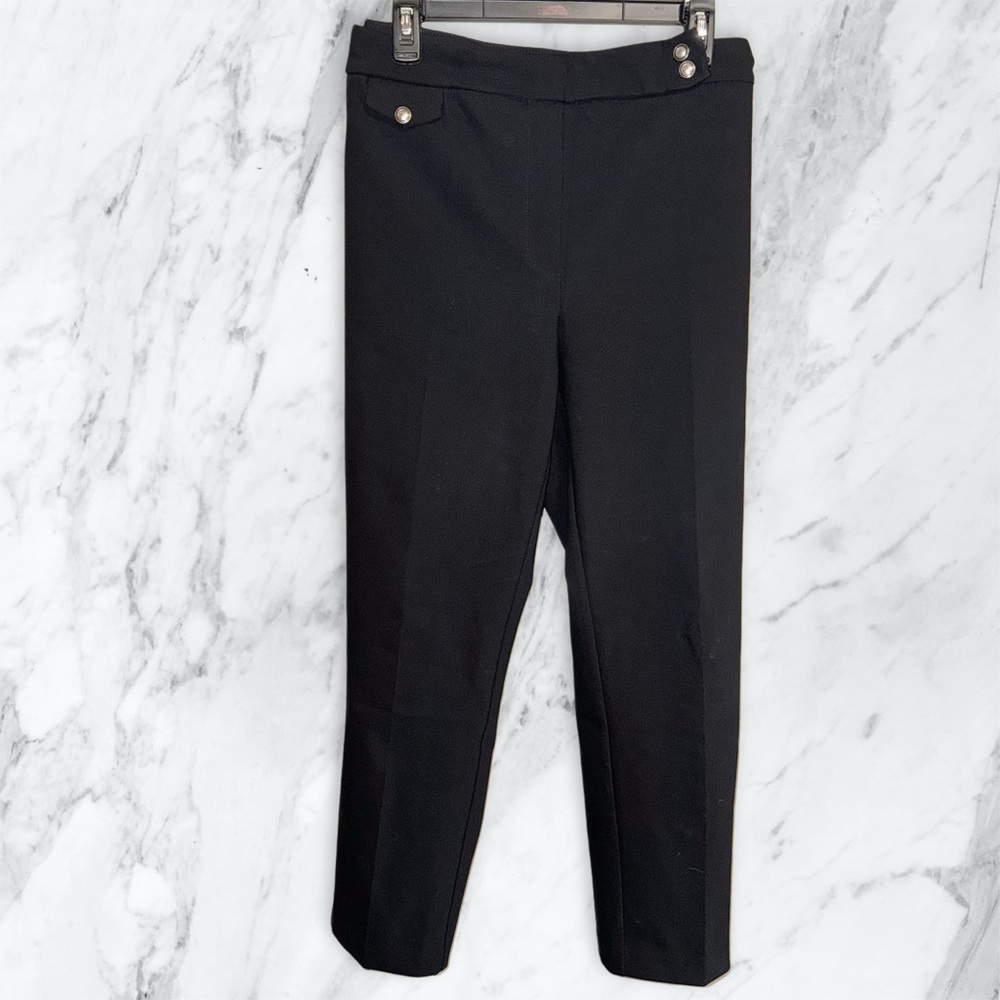 Nicole Miller Black Ankle Cropped Dress Pants Gold Buttons Pull On With Pockets